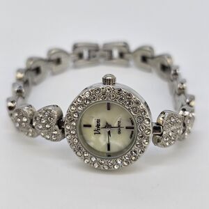 Vivani Women's‎ Watch 22MM Silver Tone MOP Bling Hearts Band 6.75" New Battery